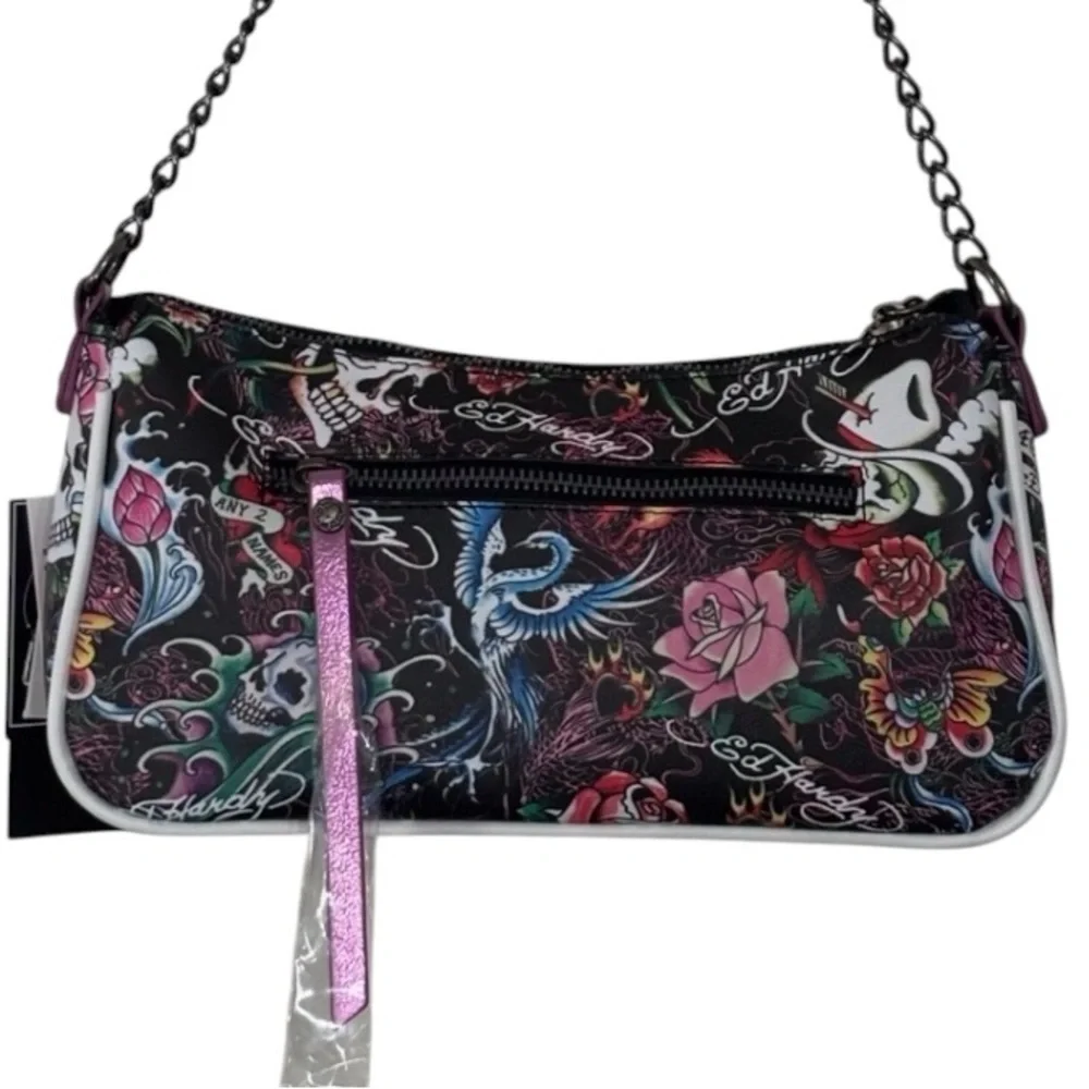 Ed Hardy Shoulder / Crossbody Bag Skull Rose Tattoo Print Rhinestone ms Y2K Punk
